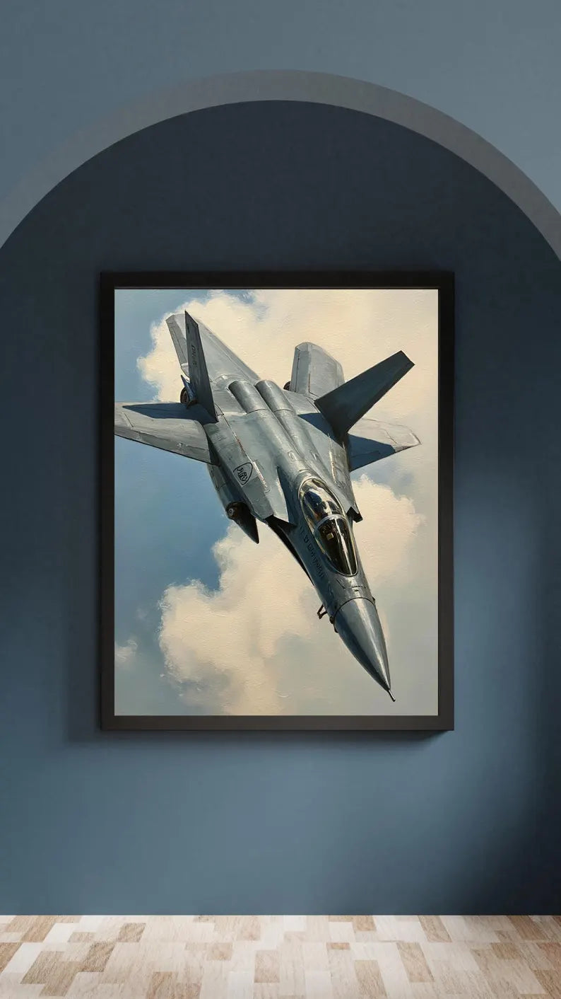 Framed artwork of a fighter jet on a blue wall