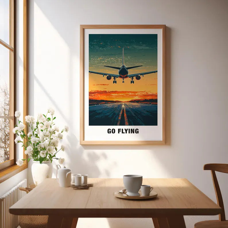 Framed poster of an airplane at sunset with 'GO FLYING' text above a dining table.
