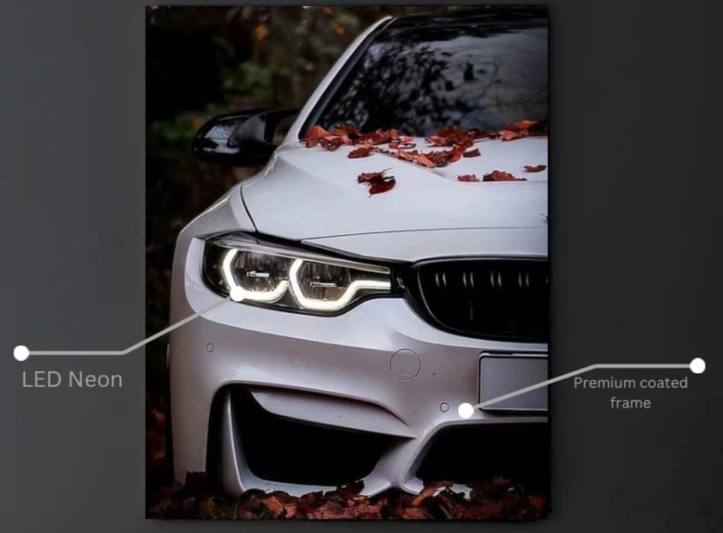 Car headlight with LED Neon feature highlighted on a dark background