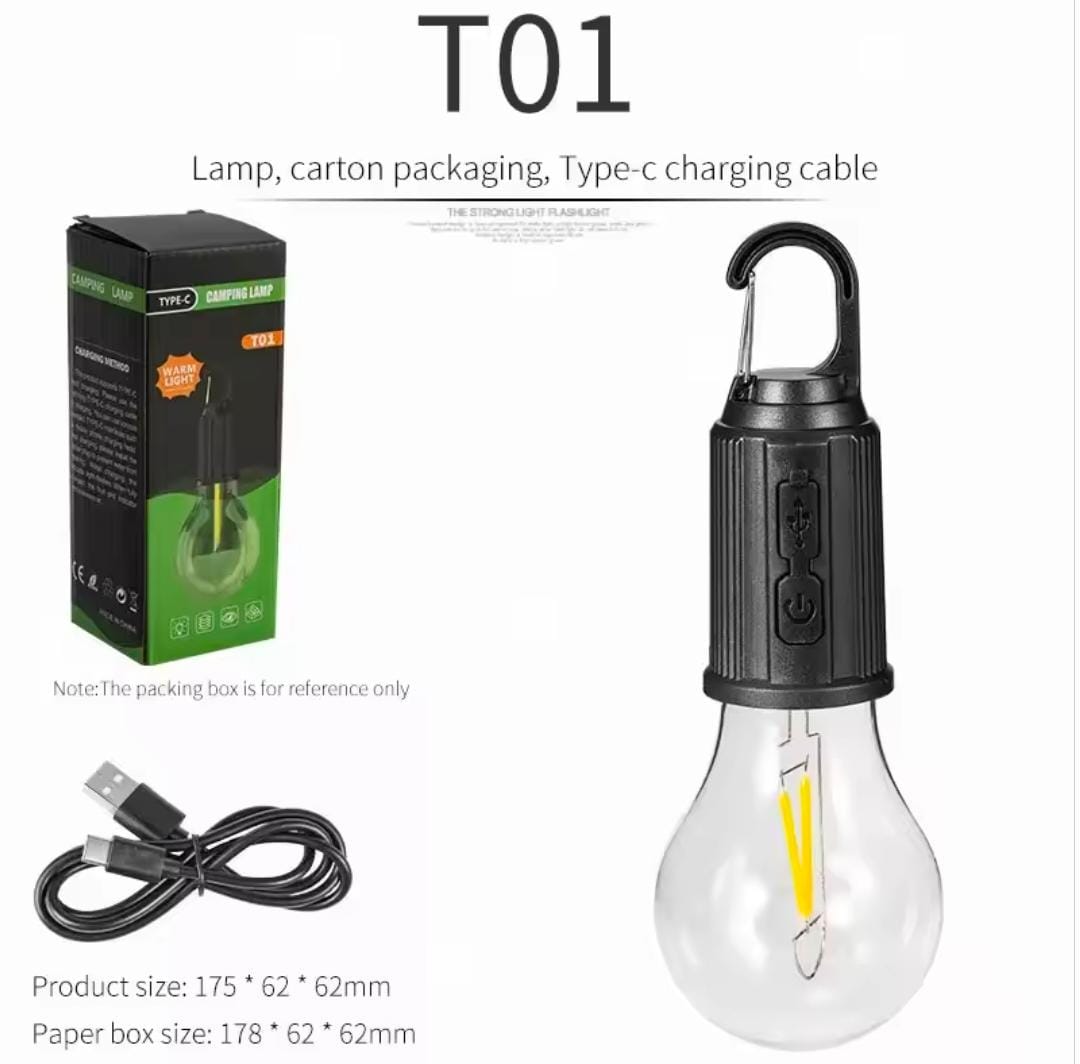Portable LED Camping Light Bulb – USB Rechargeable Lantern with Hook for Outdoor & Emergency Use