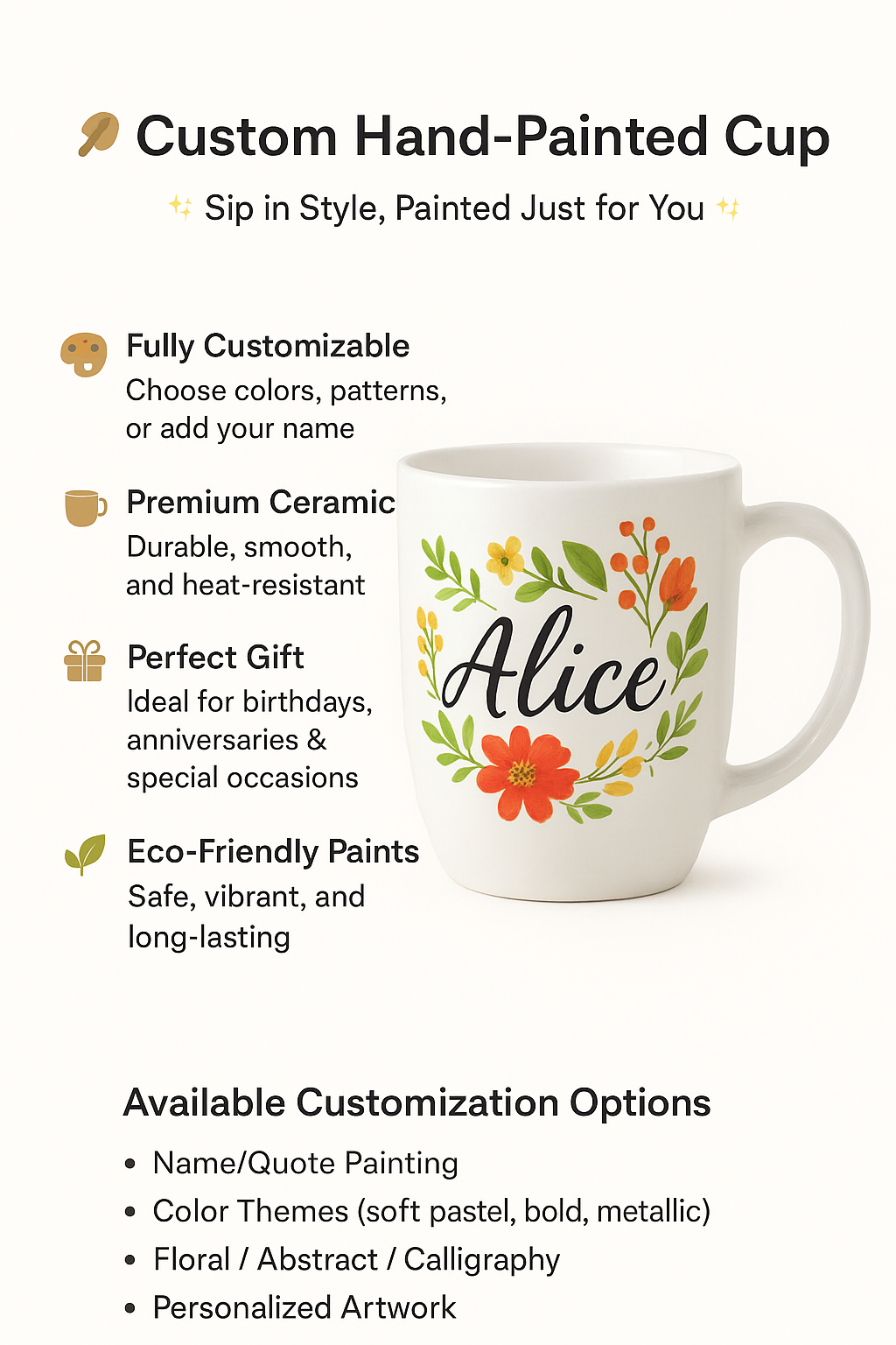 Custom hand-painted mug with floral design and 'Alice' text, featuring customization options and product benefits.