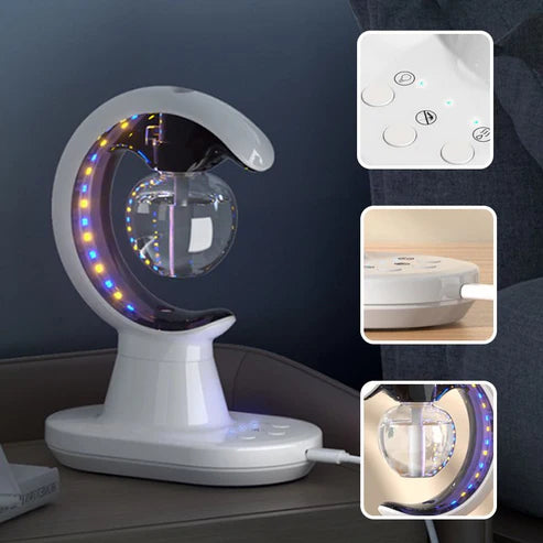 White electronic device with LED lights on a dark surface, surrounded by inset images showing different views.