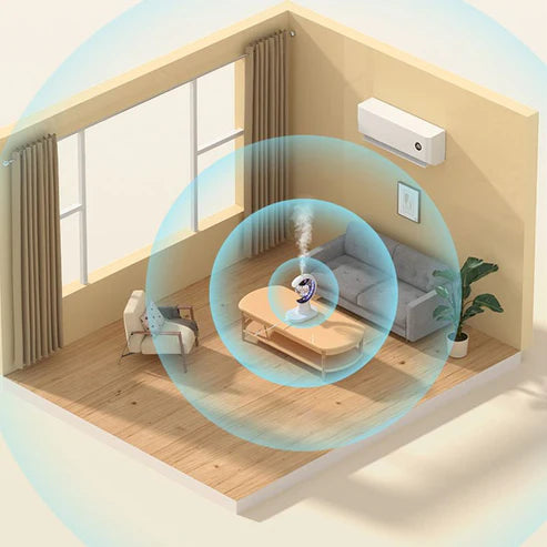 Modern living room with air purifier and smoke diffuser, featuring a blue circular area indicating air circulation.