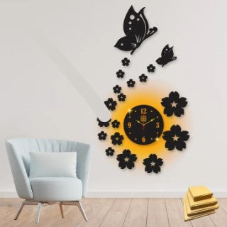 3D Wooden Wall Clock with Butterflies & Flowers
