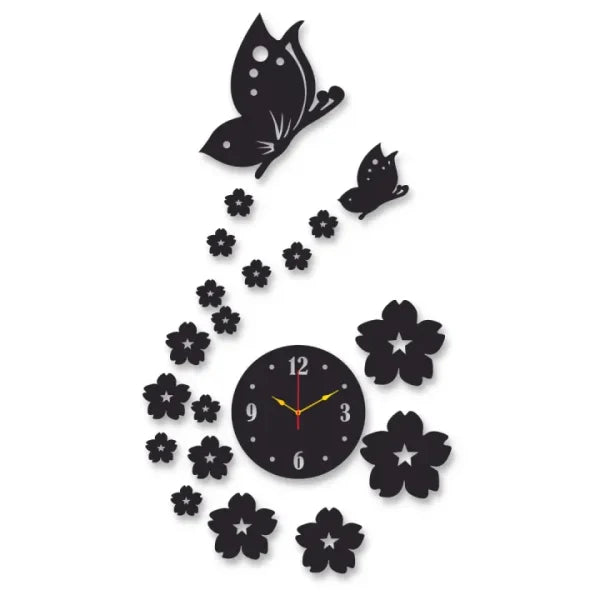 3D Wooden Wall Clock with Butterflies & Flowers