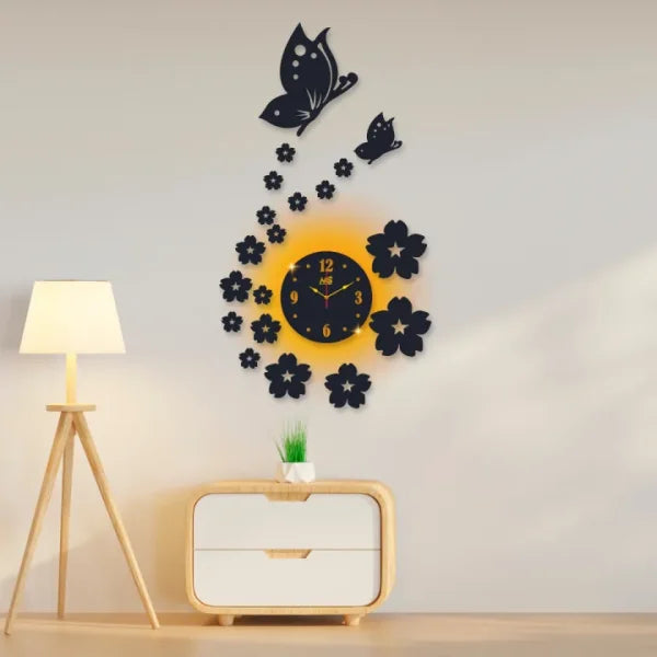 3D Wooden Wall Clock with Butterflies & Flowers