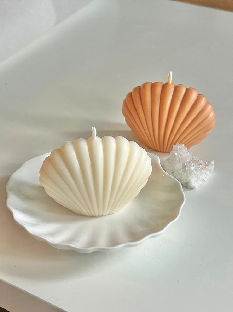 Shell-shaped candles on a white plate with a white background