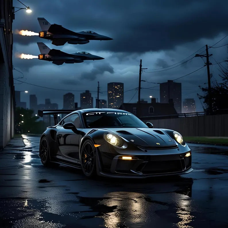 Black sports car on a wet street with two fighter jets flying overhead at night.