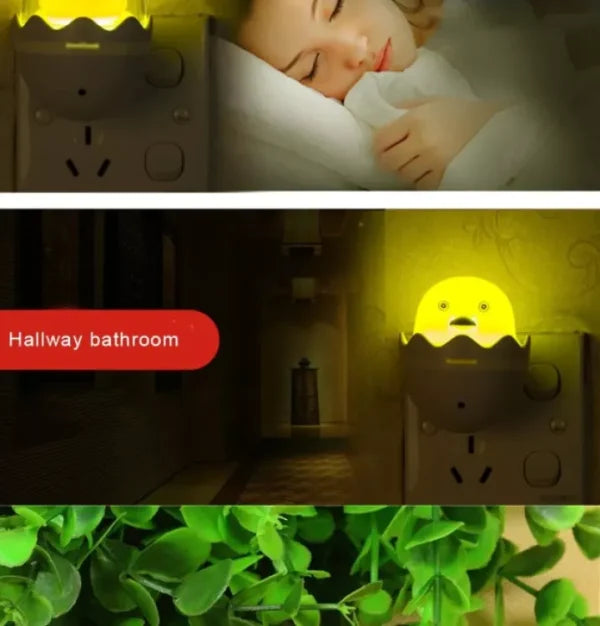 Night light emitting a warm glow, with a child sleeping and a hallway bathroom setting.