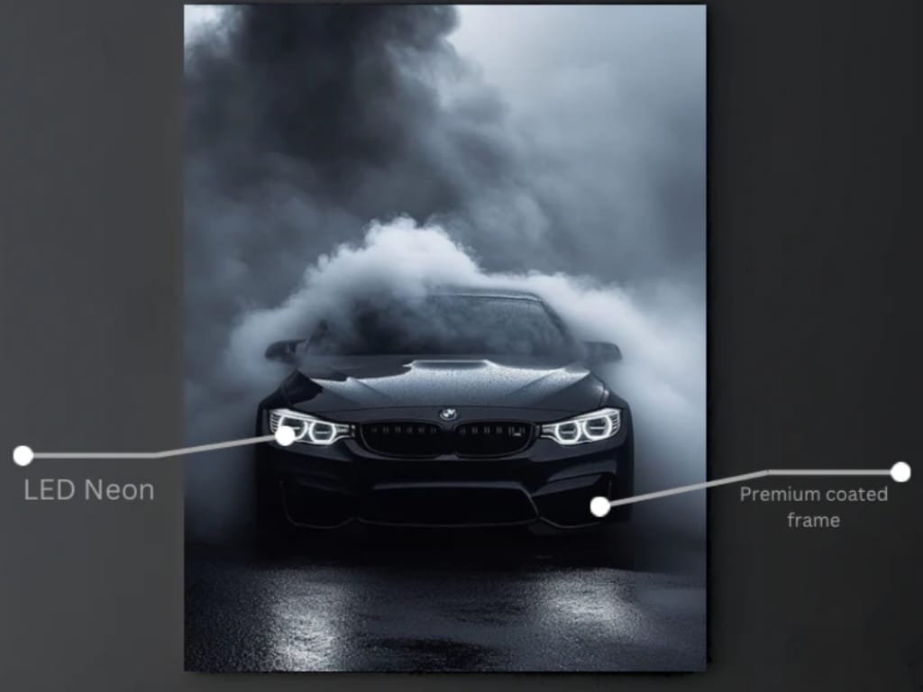 Car displayed with LED neon and premium coated frame text on a dark background