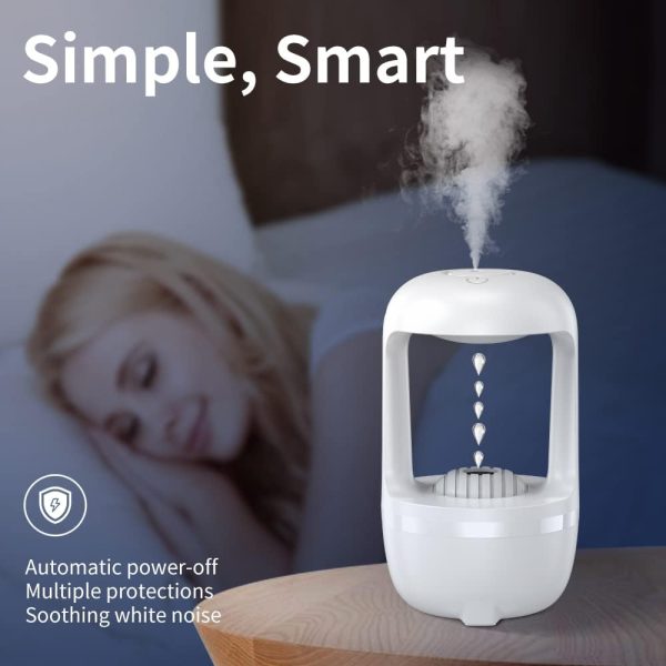 White humidifier emitting mist with a blurred person in bed in the background, labeled 'Simple, Smart'.