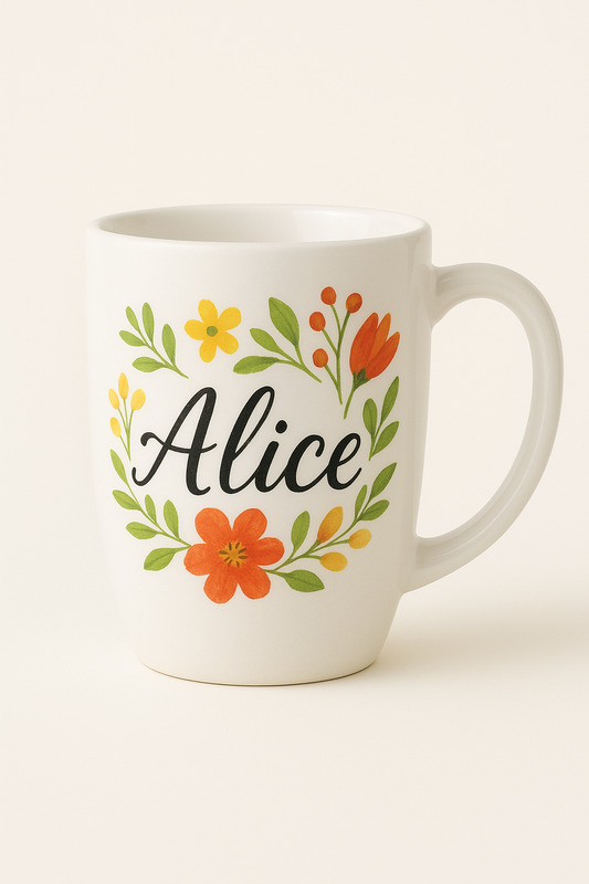 White mug with floral design and 'Alice' text on a white background