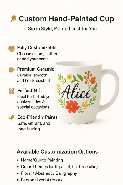 Custom hand-painted mug with floral design and 'Alice' text, featuring customization options and product benefits.