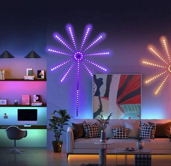Living room with LED wall lights shaped like sunflowers on a dark wall.