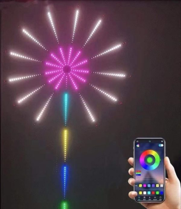 Colorful LED light display with smartphone control on a dark background