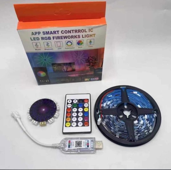 LED strip light kit with control box, remote, and USB cable on a white background