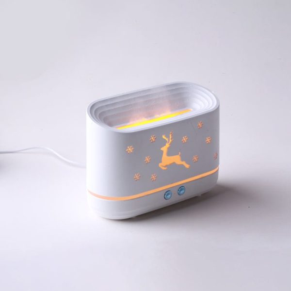 White electronic device with orange accents and a deer design on a white background