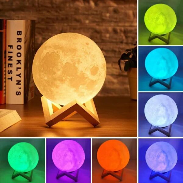 Moon lamp with color-changing capabilities on a wooden stand.