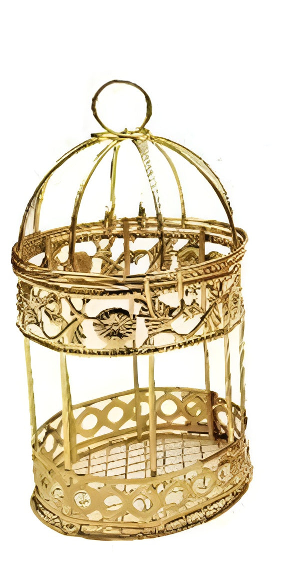 Decorative gold birdcage on a white background