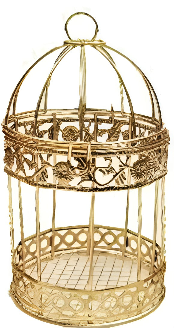 Decorative gold birdcage with intricate designs on a white background