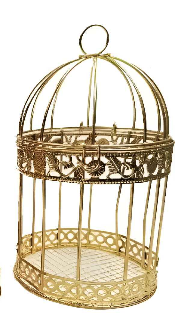 Gold birdcage with decorative elements on a white background