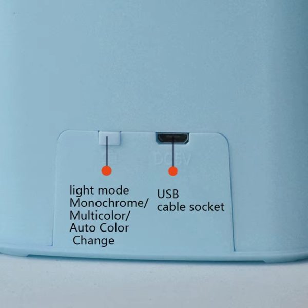 Back view of a blue electronic device with labels for light mode, USB cable socket, and color change options.