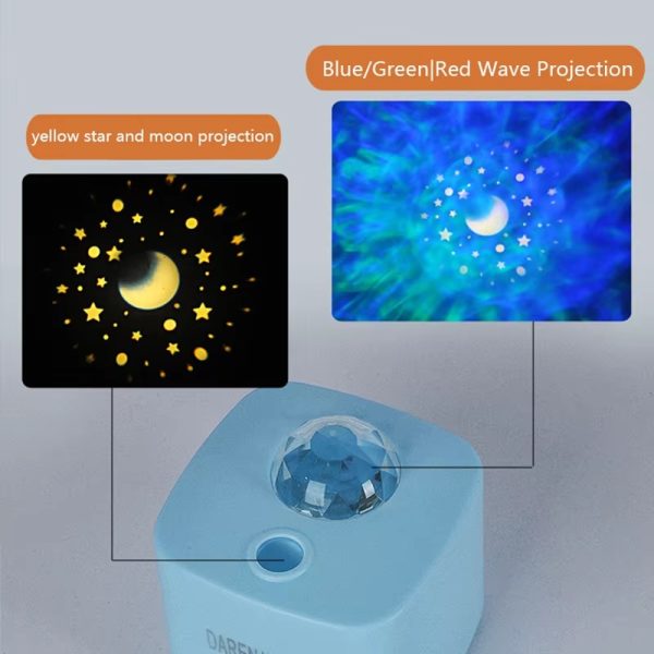 Blue night light projector with star and moon projection and wave projection on a gray background