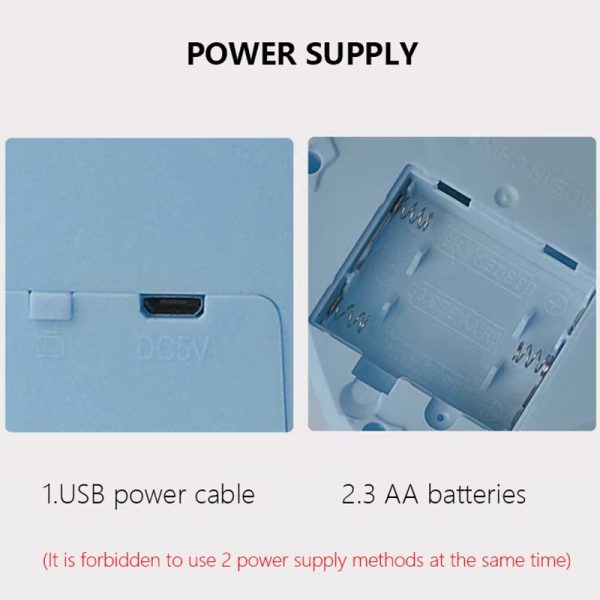 Power supply with USB port and battery compartment labeled '2.3 AA batteries'.