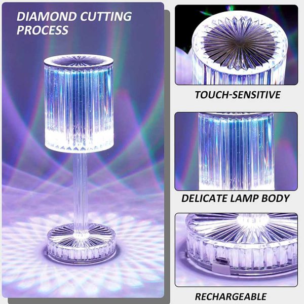 Delicate lamp body with diamond cutting process, touch-sensitive, rechargeable features.