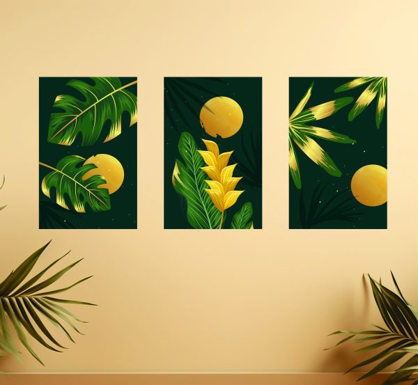 Abstract Wall Art, 8x11 Wall Frames, Set of 3 Canvas Prints, Wooden Back Frame Art, Modern Wall Décor, Minimalist Sun Leaf Art, High Quality Wall Art, Easy Install Wall Frames, Bedroom Wall Décor, Living Room Canvas Set